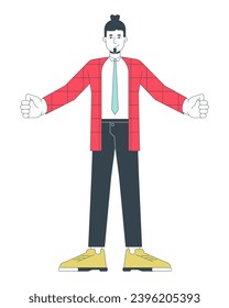 Caucasian adult employee standing with open arms 2D linear cartoon character. Formalwear man welcome gesture isolated line vector person white background. Arms wide color flat spot illustration