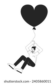 Caucasian adult man flying with balloon in hands black and white 2D line cartoon character. Heart shaped baloon european male isolated vector outline person. Dream monochromatic flat spot illustration