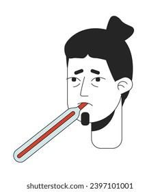 Caucasian adult man measuring oral temperature 2D linear vector avatar illustration. Sick male with oral thermometer outline cartoon character face. Fever flat color user profile image isolated