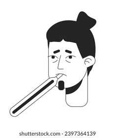 Caucasian adult man measuring oral temperature black and white 2D vector avatar illustration. Sick male with thermometer outline cartoon character face isolated. Fever flat user profile image