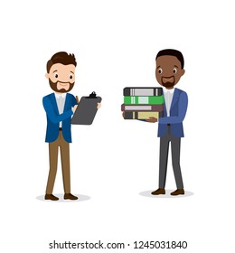 Caucasian and african american office workers or businessmen,isolated on white background,flat vector illustration