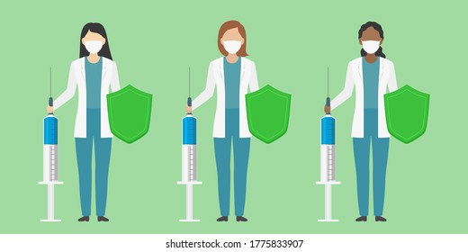 Caucasian, African and Asian doctors hold syringe and shield in their hands. Vector illustration.