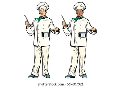 Caucasian and African chef with ladle and cooking pot. Pop art retro vector illustration