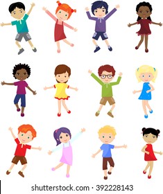 Caucasian, african, chinese, japanese and other multinational boys and girls jump, laugh and dance together
