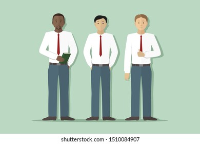 Caucasian, African-American and Asian employees. Vector illustration.