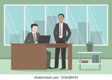 Caucasian and African-American employees in office. Vector illustration.