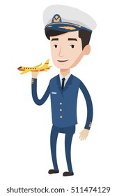 Caucasian airline pilot holding a model airplane in hand. Cheerful airline pilot in uniform. Confident pilot. Pilot with model airplane. Vector flat design illustration isolated on white background.