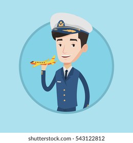 Piloto caucásico de aerolíneas sostiene un modelo de avión en mano. Alegre piloto de aerolíneas con uniforme. Felices pilotos modelo de avión. Ilustración de diseño plana vectorial en el círculo aislado en el fondo.