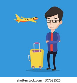 Caucasian airplane passenger frightened by future flight. Young man suffering from fear of flying. Terrified passenger with suitcase waiting for a flight. Vector flat design illustration Square layout