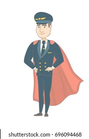 Caucasian airplane pilot wearing red superhero cloak. Young pilot dressed as superhero. Powerful pilot superhero in red cloak. Vector sketch cartoon illustration isolated on white background.