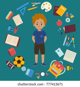 Caucasian or american boy stands with different school supplies. Back to school vector illustration. Backpack, schoolbag, schoolbooks, notebook, brush, pencil case, pen and other elements.