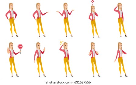 Caucasian angry business woman screaming. Young angry business woman clenching fists. Angry woman shouting with raised fists. Set of vector flat design illustrations isolated on white background.