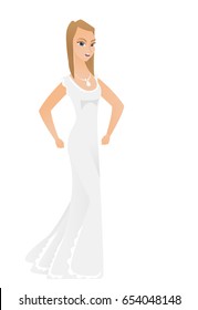 Caucasian angry fiancee screaming. Full length of angry fiancee in white dress clenching fists. Angry fiancee shouting with raised fists. Vector flat design illustration isolated on white background.