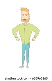 Caucasian angry hippie man screaming. Angry hipster man with a beard clenching fists. Young angry man shouting with raised fists. Vector sketch cartoon illustration isolated on white background.