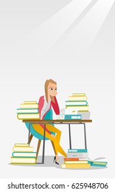 Caucasian annoyed student studying hard before the exam. Young angry student studying with textbooks. Bored female student studying in the library. Vector flat design illustration. Vertical layout.