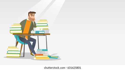 Caucasian annoyed student studying hard before the exam. Young angry student studying with textbooks. Bored hipster student studying in the library. Vector flat design illustration. Horizontal layout.