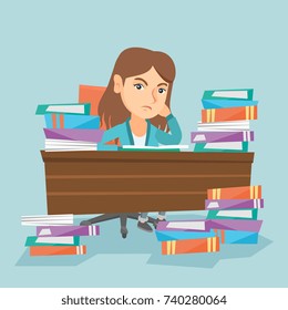 Caucasian annoyed student studying hard before the exam with a lot of books. Young angry student sitting at the table with propped head with many books. Vector cartoon illustration. Square layout.