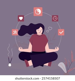 Caucasian or asian woman meditating in lotus position and saying Om. Beauty girl with practising the guided meditation. Yoga pose. Calm and correct breathing for full relax. flat vector illustration