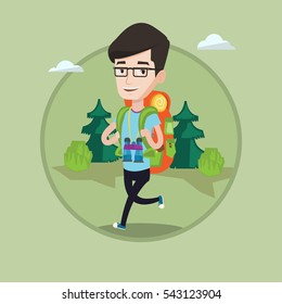 Mochilero caucásico con mochila y binoculares caminando al aire libre. Alegre mochilero corriendo. Mochilero durante el viaje de verano. Ilustración de diseño plana vectorial en el círculo aislado en el fondo.