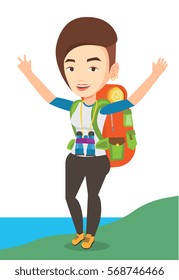 Mochilero caucásico con mochila en el acantilado y celebrando el éxito. Feliz mochilero con las manos levantadas disfrutando del paisaje. Ilustración de diseño plana vectorial aislada en fondo blanco.