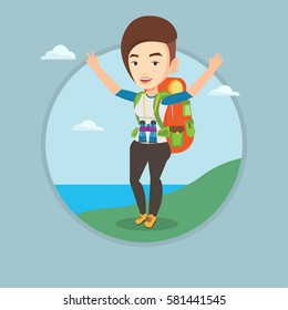 Der kaukasische Rucksacktouristen steht auf der Klippe und feiert den Erfolg. Junge, fröhliche Rucksacktouristen mit hohen Händen, die die Landschaft genießen. Vektorflache Design-Illustration im Kreis einzeln auf Hintergrund.