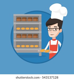 Caucasian baker holding tray of bread in the bakery. Happy baker standing near bread rack. Smiling baker holding baking tray. Vector flat design illustration in the circle isolated on background.