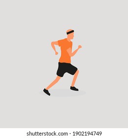 Caucasian, bald man running, wearing orange t-shirt
