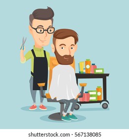 Caucasian barber cutting hair of young hipster man with beard at barbershop. Professional barber making haircut to a client with scissors at barbershop. Vector flat design illustration. Square layout.