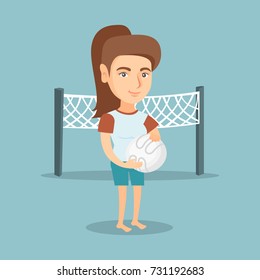 Caucasian beach volleyball player standing on the background of voleyball net. Full length of young sportswoman holding a volleyball ball in hands. Vector cartoon illustration. Square layout.