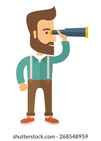 A Caucasian with beard with binocular looking for something. A Contemporary style. Vector flat design illustration with isolated white background. Vertical layout.