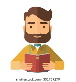 A caucasian with beard reading a medical book to learn more knowledge in medicine. A Contemporary style. Vector flat design illustration isolated white background. Square layout