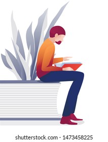 Caucasian Bearded Man Reader Sitting with Book Illustration. Literature Lover Male Character Reading Metaphor in Library Cartoon. Vector Potted Flower and Decorative Bench. World Festival Challenge