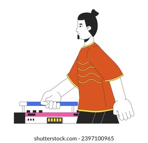 Caucasian bearded man walking with boombox 2D linear cartoon character. 80s retro guy carrying boom box isolated line vector person white background. Nostalgia memories color flat spot illustration