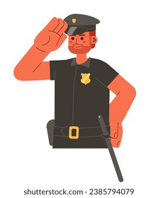 Caucasian bearded police officer male 2D cartoon character. European sheriff policeman isolated vector person white background. Adult man cop saluting enforcement color flat spot illustration