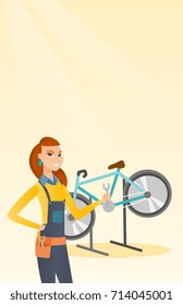 Caucasian bicycle mechanic showing spanner on the background of broken bicycle. Happy technician fixing bicycle in repair shop. Mechanic repairing bicycle. Vector cartoon illustration. Vertical layout
