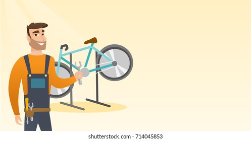 Caucasian bicycle mechanic showing spanner on the background of broken bicycle. Technician fixing bicycle in repair shop. Mechanic repairing bicycle. Vector cartoon illustration. Horizontal layout.