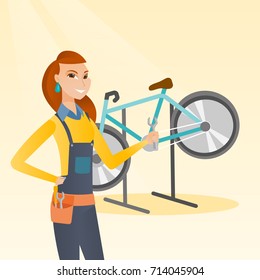 Caucasian bicycle mechanic showing spanner on the background of broken bicycle. Happy technician fixing bicycle in repair shop. Mechanic repairing bicycle. Vector cartoon illustration. Square layout.