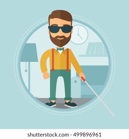 Caucasian blind hipster man with beard standing with walking stick. Young man in dark glasses with cane standing in living room. Vector flat design illustration in the circle isolated on background.