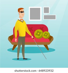 Ciego caucásico parado con un bastón en su casa. Ciegos con gafas oscuras y de pie con un bastón. Ciegos caminando con un palo. Ilustración de diseño plana vectorial. Diseño cuadrado.