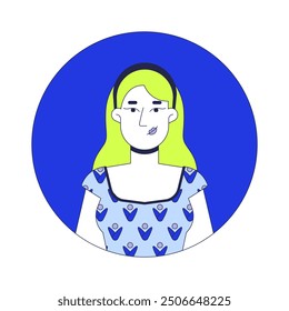 Mujer rubia caucásica en blusa floral ilustración de avatar de Vector lineal 2D. Retrato de cara de personaje de dibujos animados de diadema femenina europea. Imagen de perfil de usuario de color plano casual de empleado Corporativa aislado