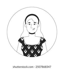 Caucasian blond woman in floral blouse black and white 2D vector avatar illustration. European female headband outline cartoon character face isolated. Casual flat user profile image portrait