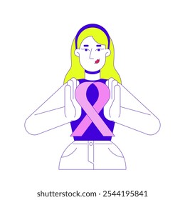 Mujer rubia caucásica que sostiene el carácter rosado de la historieta 2D de la conciencia de la cinta. Superviviente de cáncer de mama mujer joven europea aislada persona Vector plano sobre fondo blanco. Ilustración de punto colorido