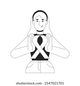 Mujer rubia caucásica que sostiene el carácter de línea 2D blanco y negro rosado de la conciencia de la cinta. Sobreviviente de cáncer de mama mujer joven europea aislada Vector esbozo persona. Ilustración de punto monocromático