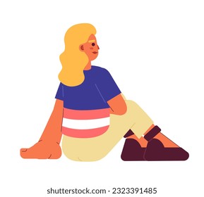 Caucasian blonde woman sitting leisurely semi flat colorful vector character. Fun weekend. Positive rest. Editable full body person on white. Simple cartoon spot illustration for web graphic design