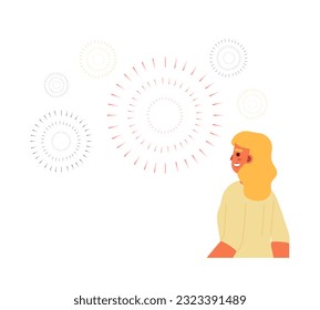 Mujer rubia caucásica mirando fuegos artificiales de color semi-plano y colorido personaje vectorial. Día del trabajo en Estados Unidos. Media persona de cuerpo editable en blanco. Ilustración simple de dibujos animados para el diseño gráfico web