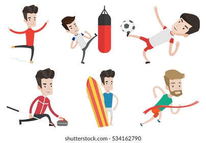 Caucasian boxer man exercising with boxing bag. Boxer hitting heavy bag during training. Male boxer training with the punch bag. Set of vector flat design illustrations isolated on white background.