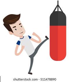 Caucasian boxer man exercising with punching bag. Kickbox fighter hitting punching bag during training. Boxer training with punching bag. Vector flat design illustration isolated on white background.