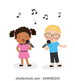 Caucasian boy and african american girl sing song together. Cartoon duet of singers with microphones. Cute schoolboy and schoolgirl isolated on white background. Flat vector illustration