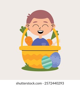 Caucasian boy child character with purple t-shirt in pastel colors inside yellow basket with some carrots next to it and Easter eggs on grass and light background.