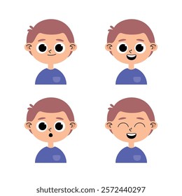 Caucasian boy child character with purple t-shirt and brown hair in pastel colors with different facial expressions, happy, joyful, surprised, afraid and smiling.